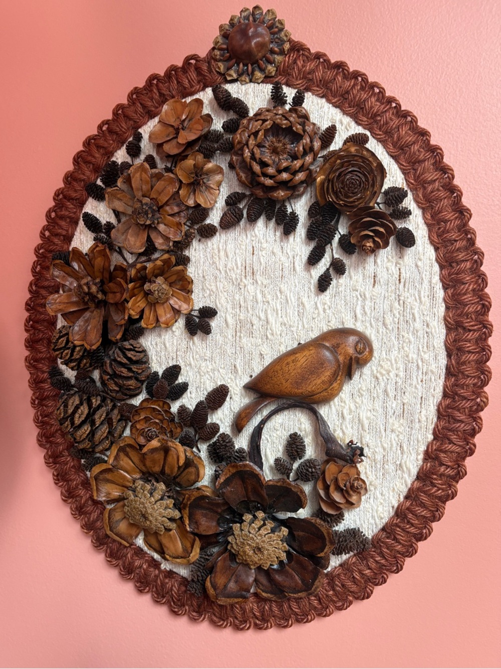 Handcrafted Wooden Flower & Bird Wall Plaque - Brown